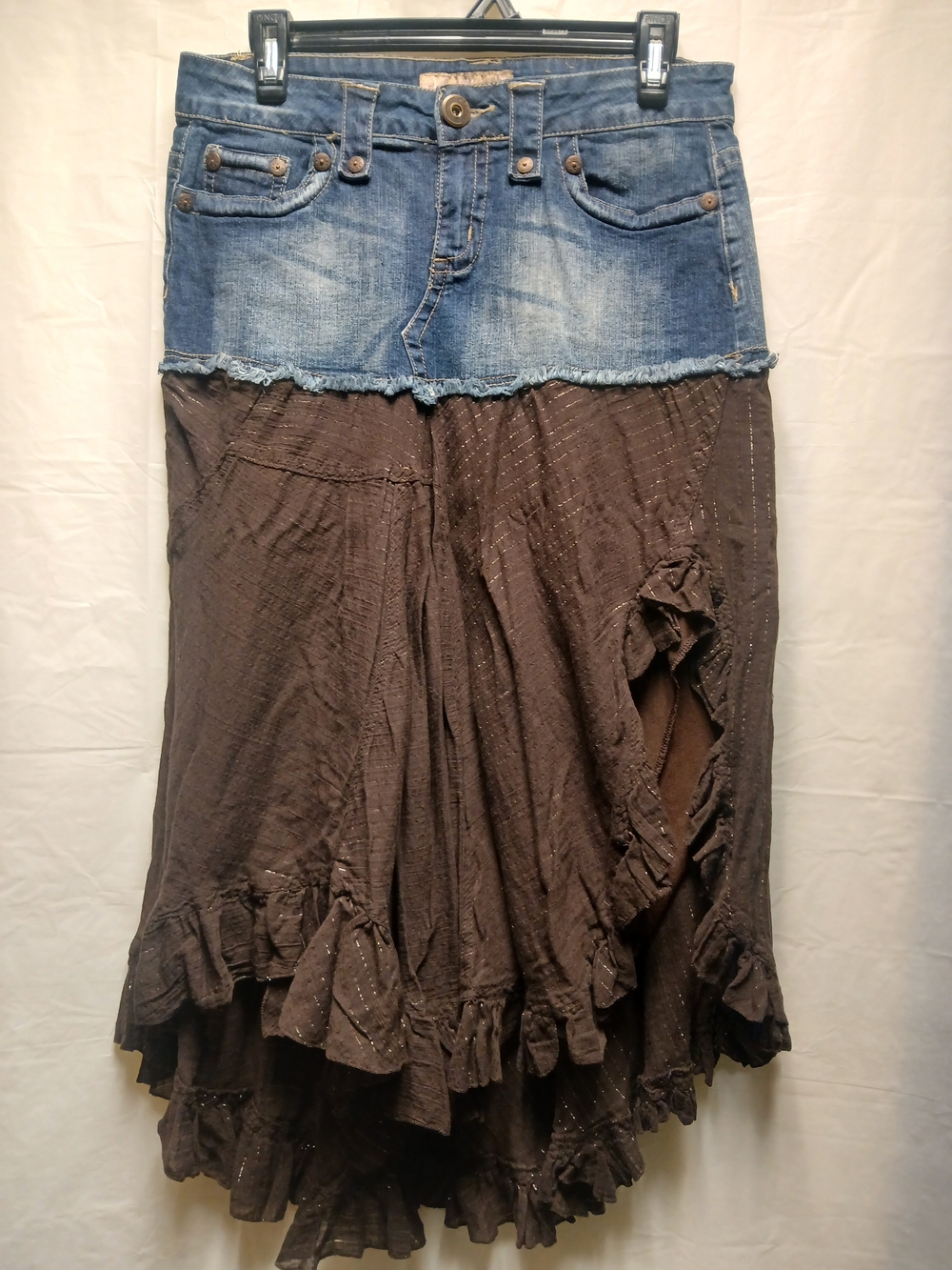 Candie's Women's Denim-Top Brown Ruffle Maxi Skirt